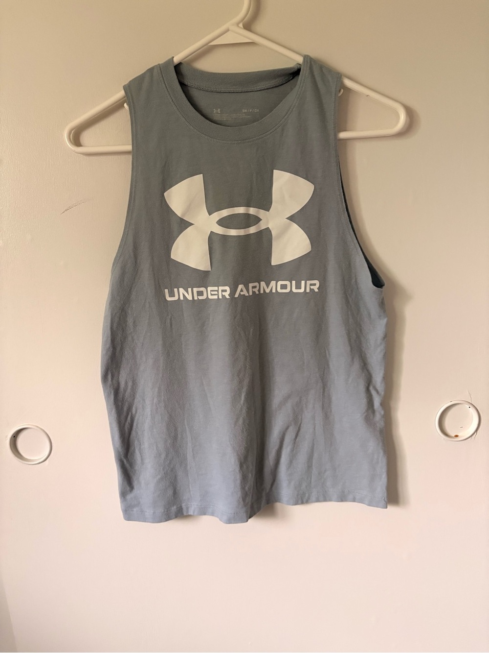Under Armour Women's Light Blue Tank Top with White Logo. Loose fit size small